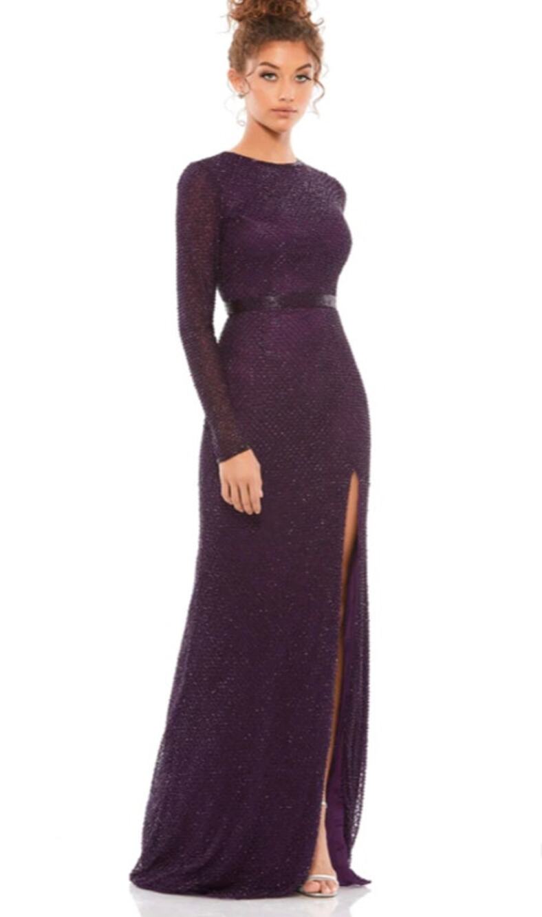Mac Duggal 5056 Beaded High Neck Long Sleeve Gown With Detailed Belt Aubergine